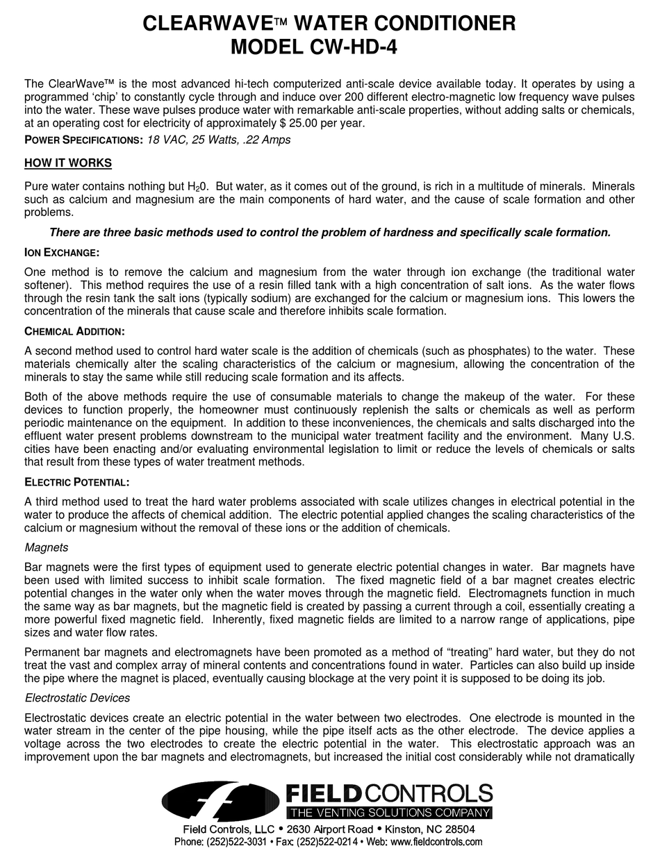FIELD CONTROLS CLEARWAVETM WATER CONDITIONER CWHD4 INSTALLATION MANUAL Pdf Download ManualsLib