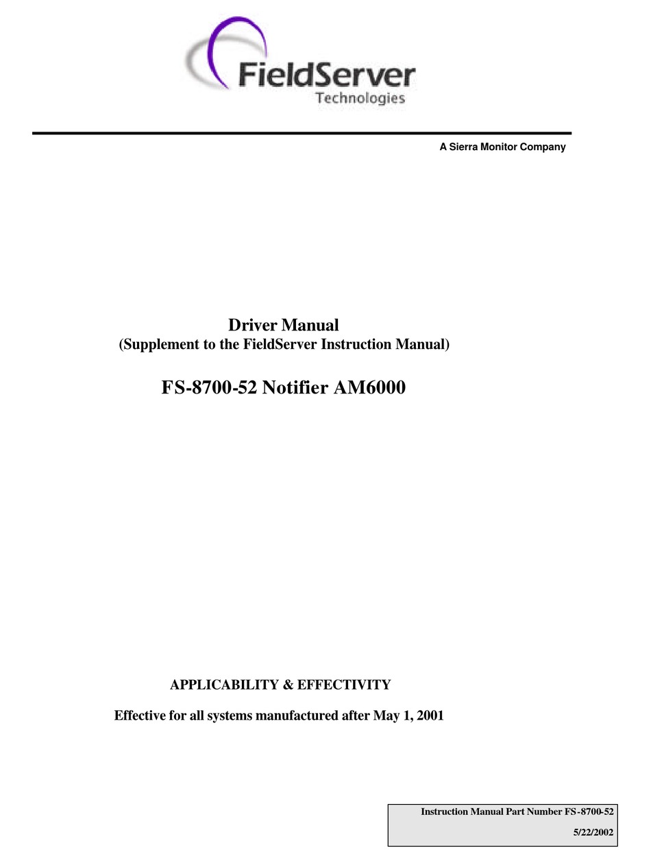 FIELDSERVER FS-8700-52 DRIVER MANUAL Pdf Download | ManualsLib