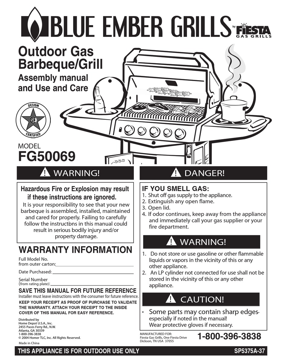 Fiesta Blue Ember Grills Fg50069 Assembly Manual And Use And Care Pdf Download Manualslib