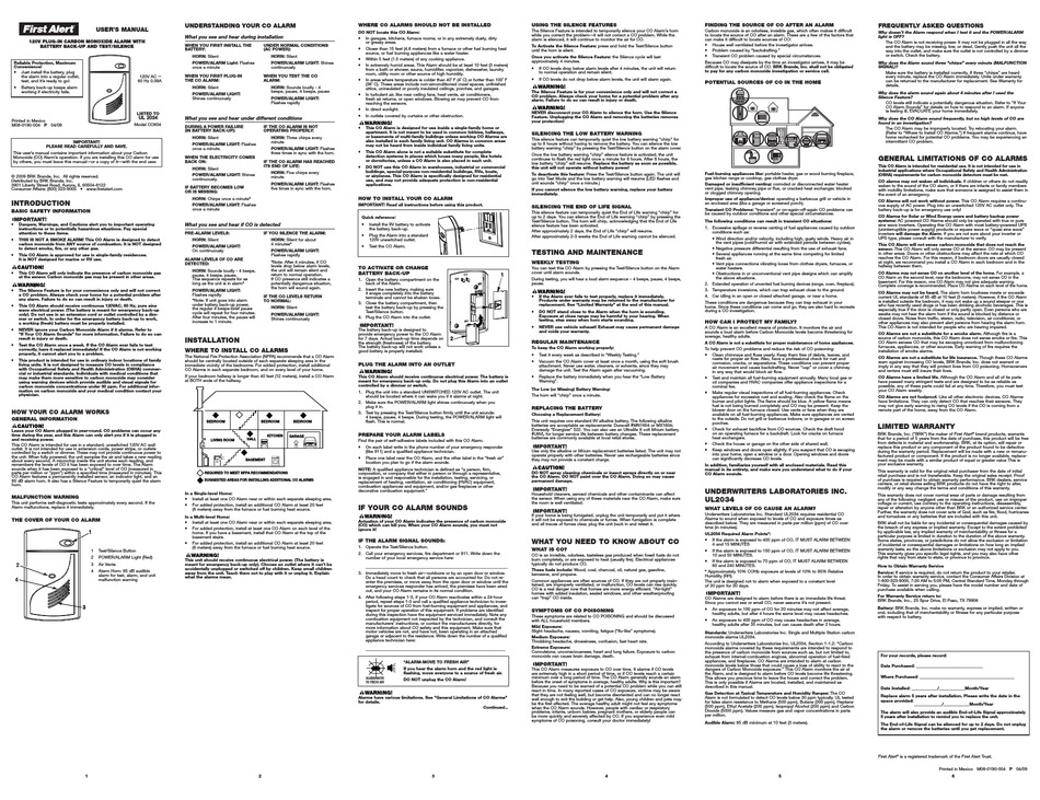 FIRST ALERT CO604 USER MANUAL Pdf Download | ManualsLib