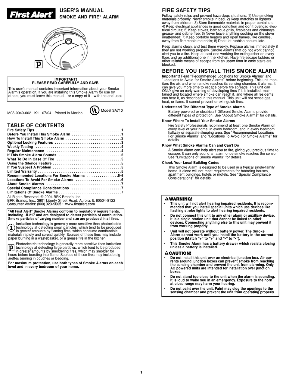 FIRST ALERT SMOKE AND FIRE ALARM USER MANUAL Pdf Download ManualsLib