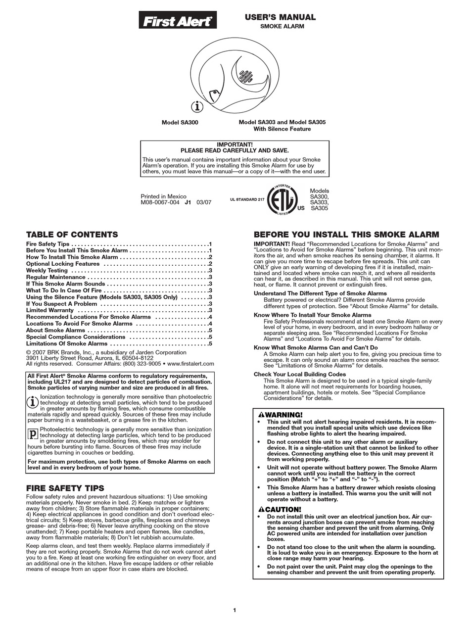 FIRST ALERT SA300 USER MANUAL Pdf Download | ManualsLib