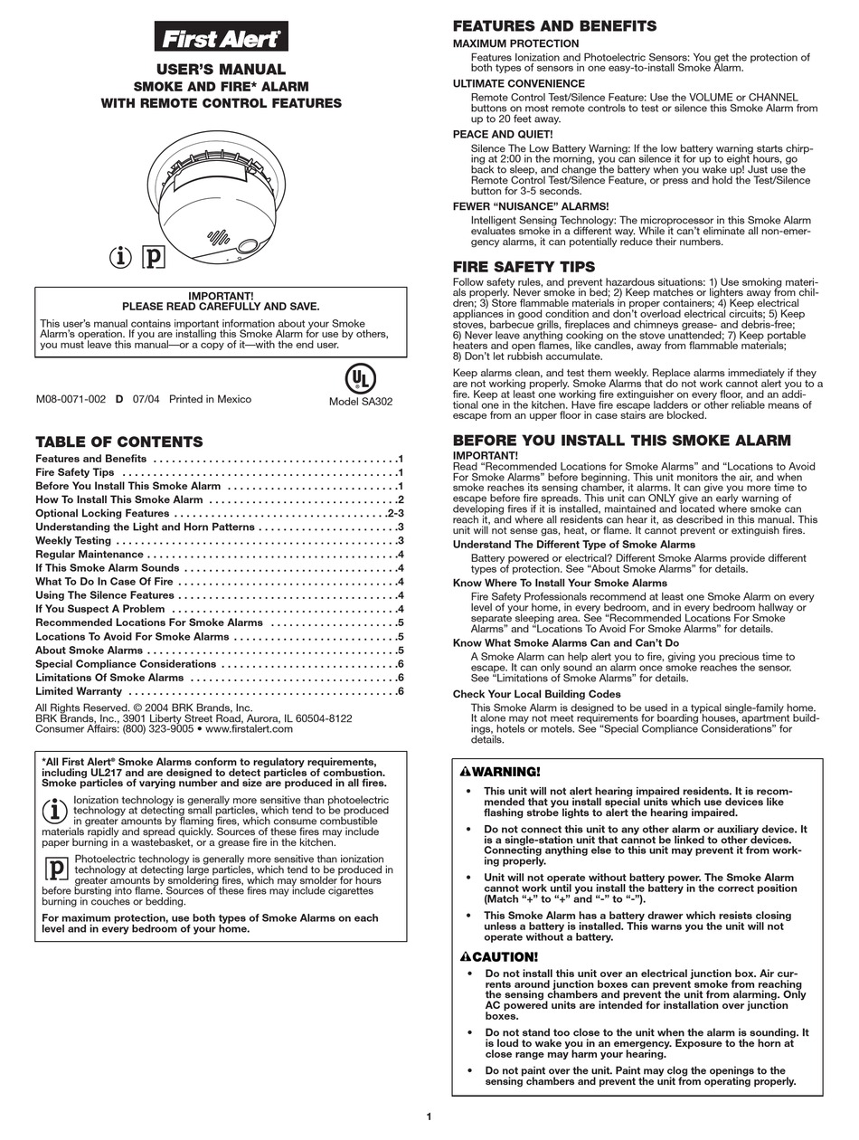 FIRST ALERT SA302 USER MANUAL Pdf Download ManualsLib