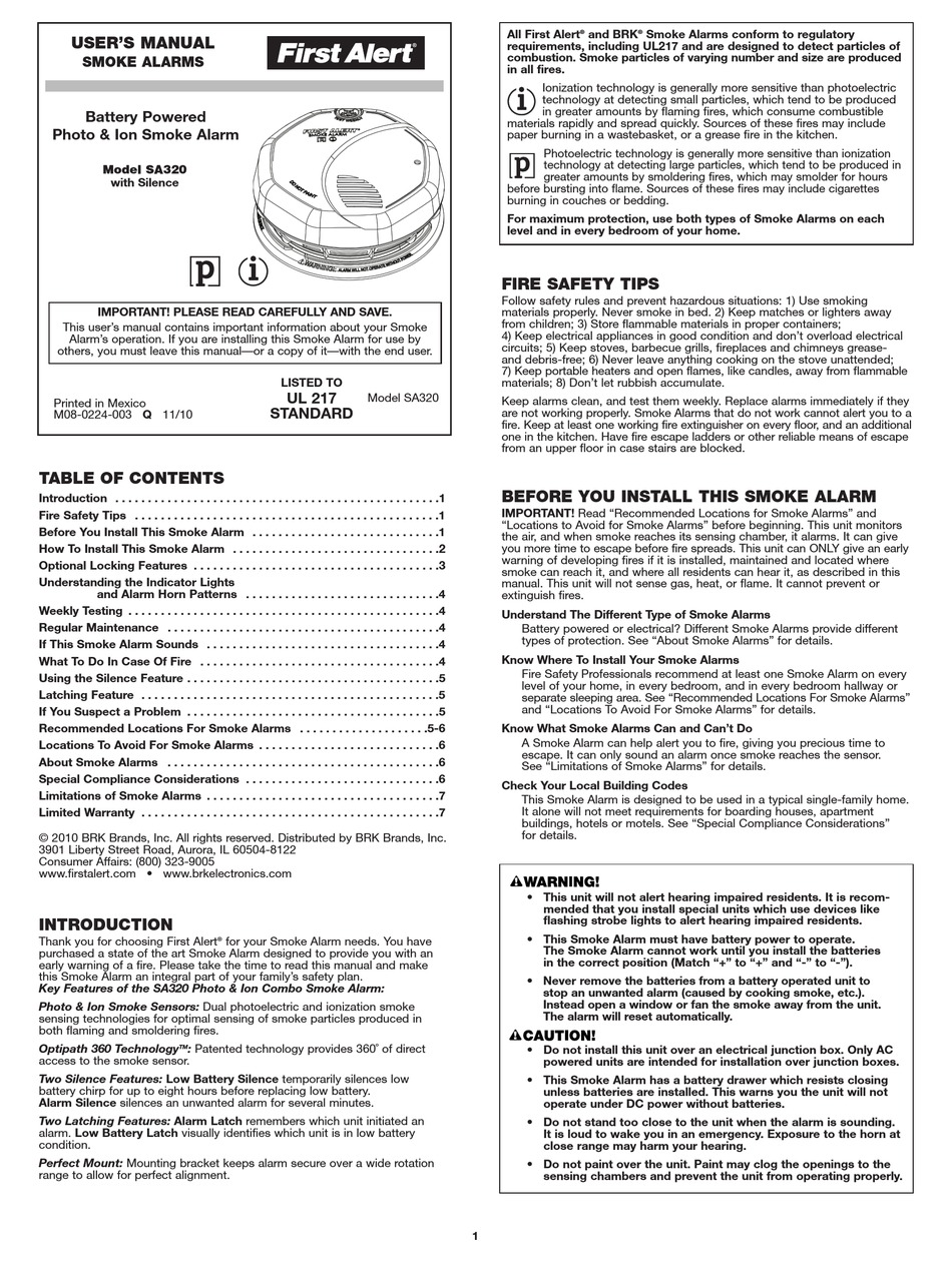 FIRST ALERT SA320 USER MANUAL Pdf Download ManualsLib