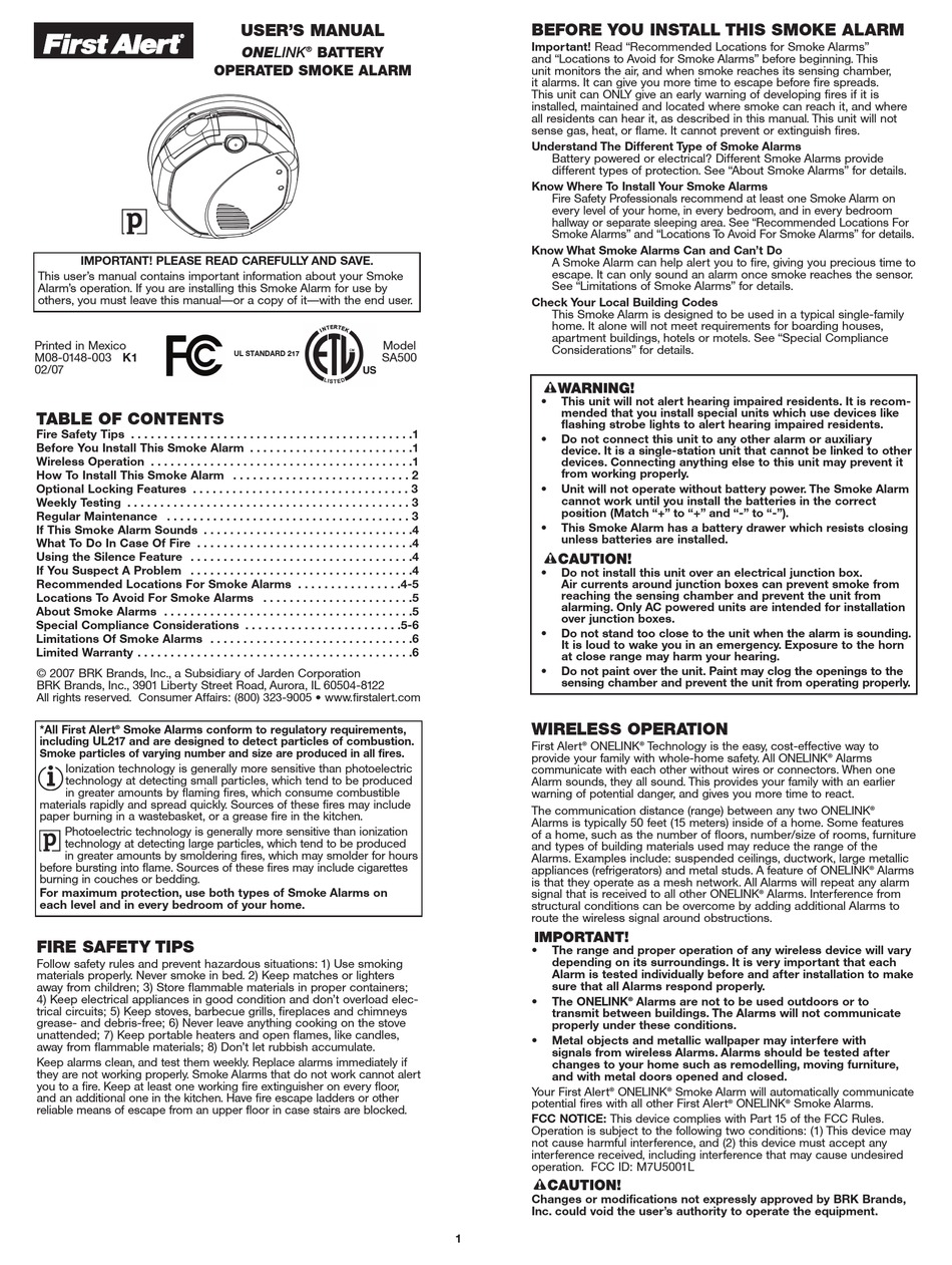 FIRST ALERT ONELINK SA500 USER MANUAL Pdf Download ManualsLib