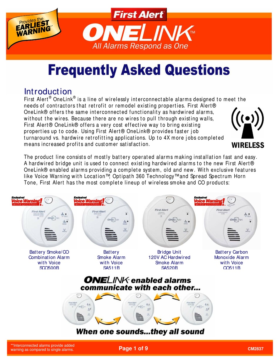 FIRST ALERT ONELINK CM2837 FREQUENTLY ASKED QUESTIONS MANUAL Pdf