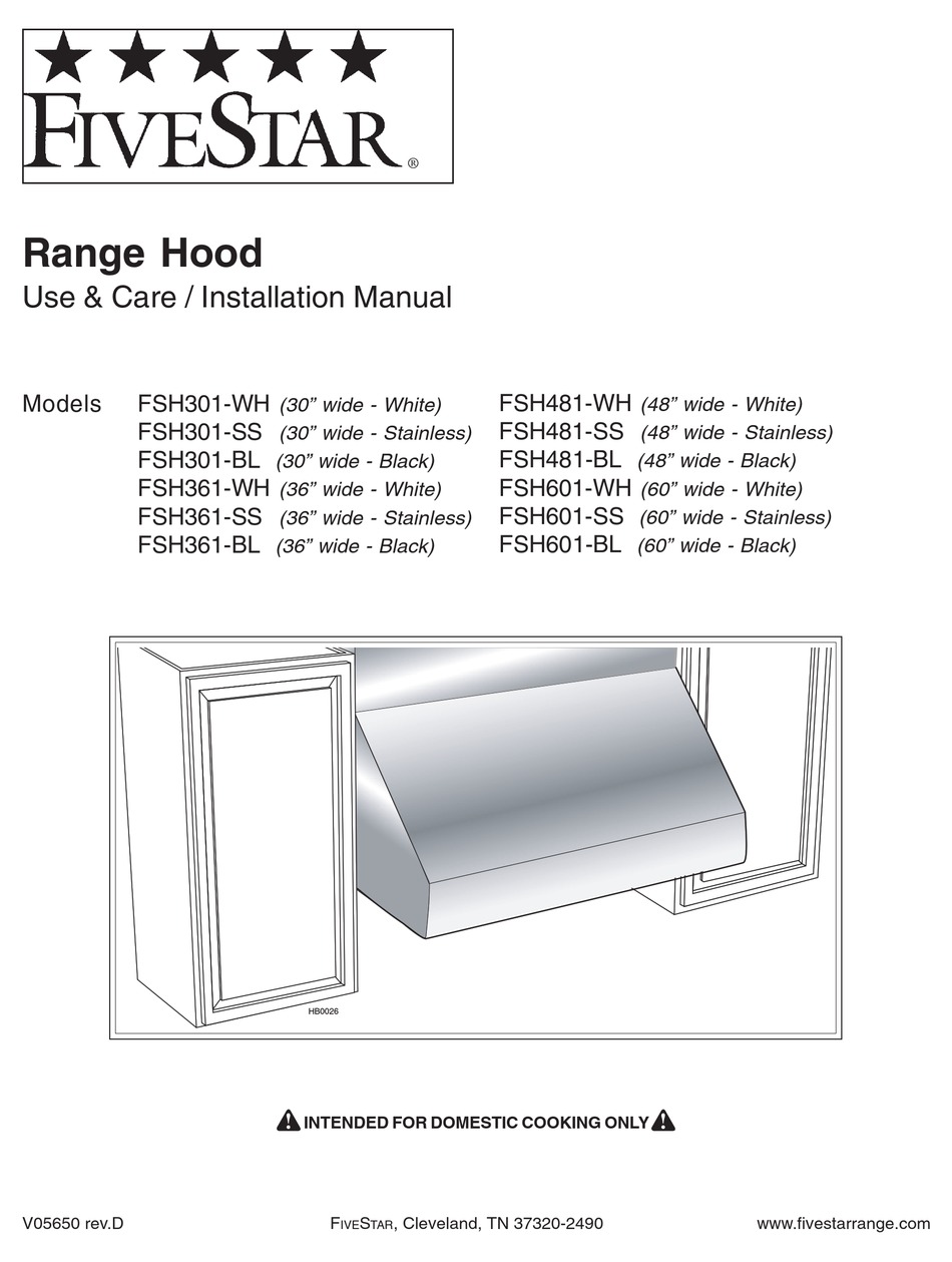 FIVESTAR FSH301BL USE & CARE / INSTALLATION MANUAL Pdf Download