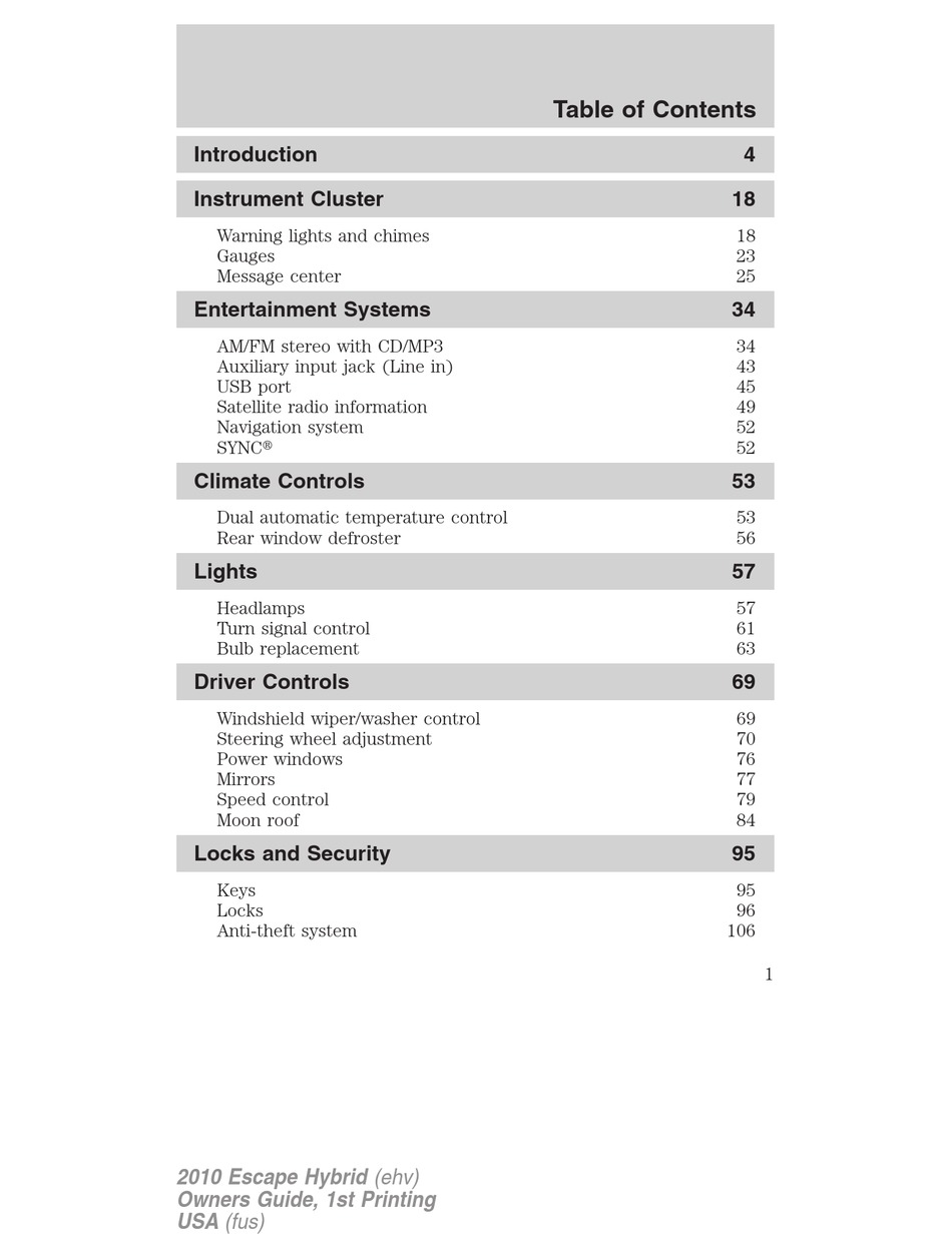 FORD 2010 ESCAPE HYBRID OWNER'S MANUAL Pdf Download ManualsLib