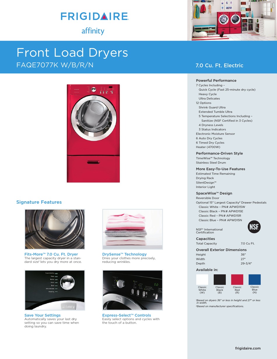 FRIGIDAIRE AFFINITY FAQE7077K W SPECIFICATION SHEET Pdf Download