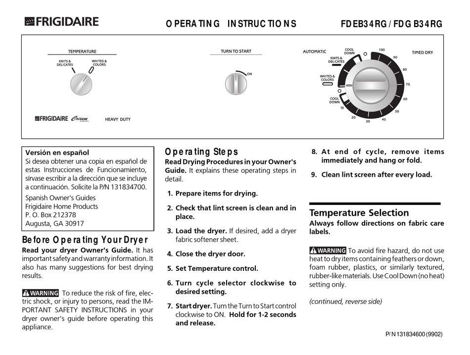 FRIGIDAIRE FDEB34RG OPERATING INSTRUCTIONS Pdf Download ManualsLib