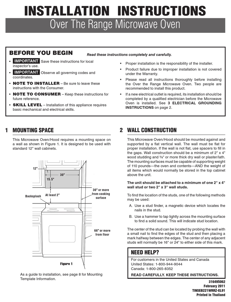 FRIGIDAIRE 316495062 INSTALLATION INSTRUCTIONS MANUAL Pdf Download ...