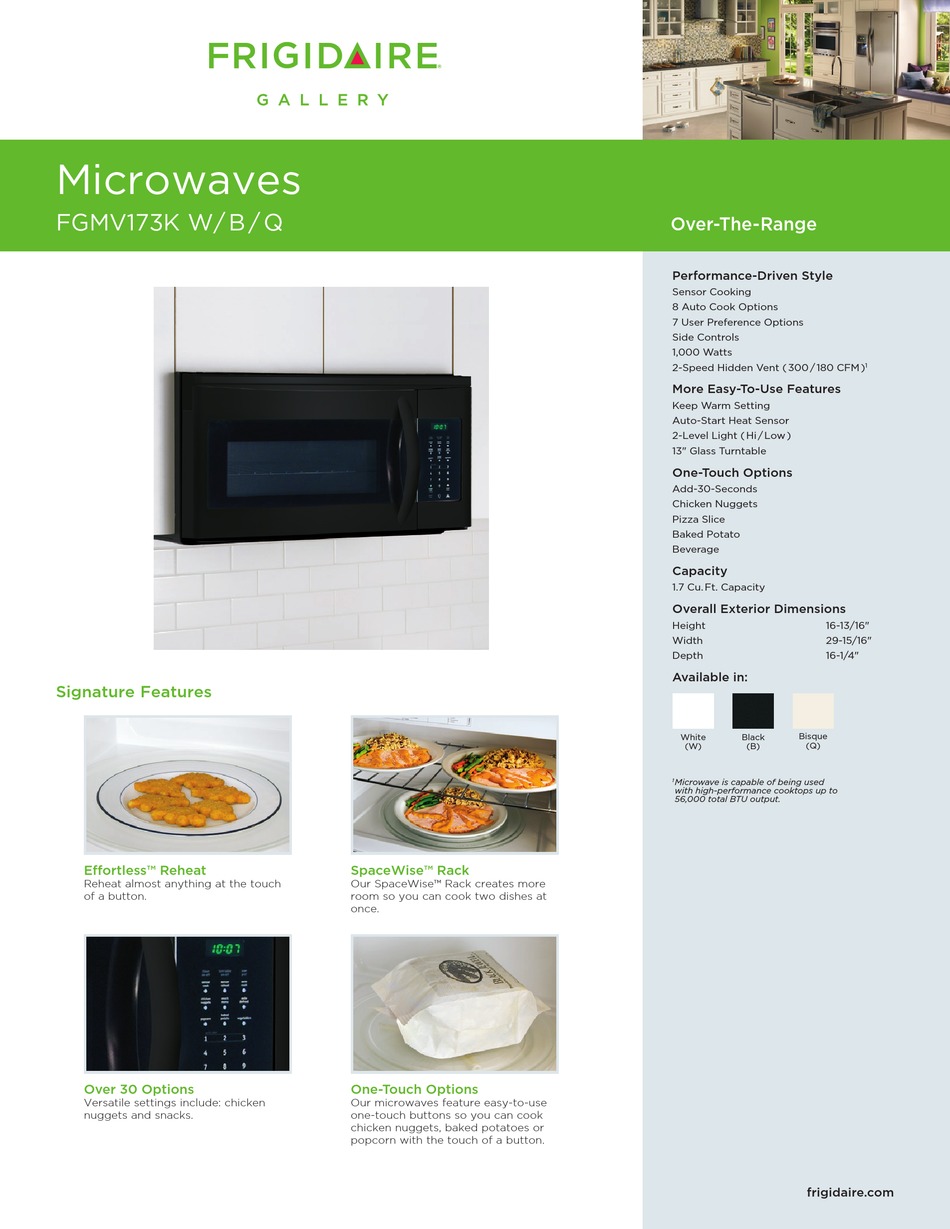 FRIGIDAIRE FGMV173K W SPECIFICATION SHEET Pdf Download | ManualsLib