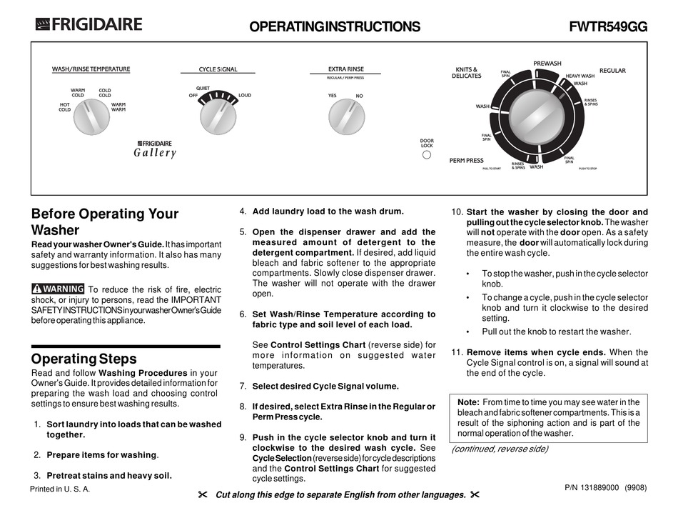FRIGIDAIRE GALLERY FWTR549GG OPERATING INSTRUCTIONS Pdf Download