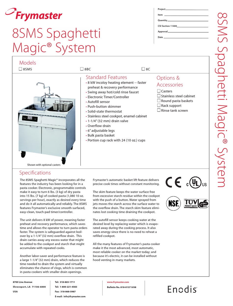 Frymaster Electric Cooker 8bc Specifications Pdf Download Manualslib