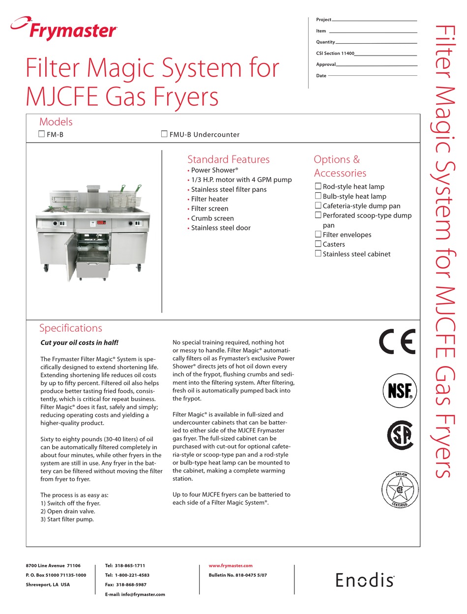 FRYMASTER FM-B SPECIFICATIONS Pdf Download | ManualsLib