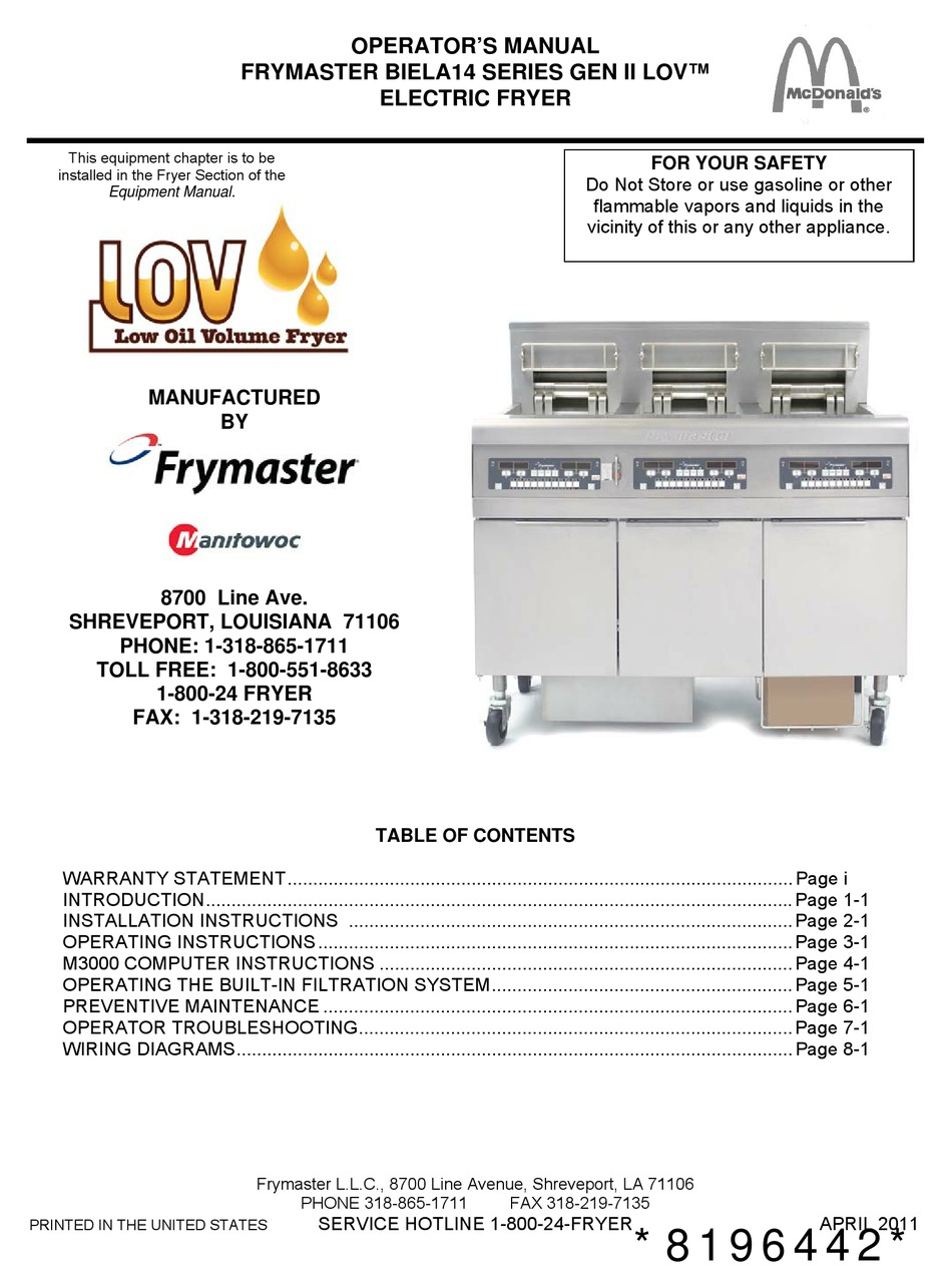 FRYMASTER GEN II LOVTM BIELA14 OPERATOR'S MANUAL Pdf Download | ManualsLib