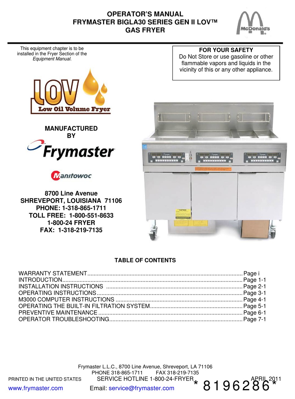 FRYMASTER GEN II LOV BIGLA30 SERIES OPERATOR'S MANUAL Pdf Download