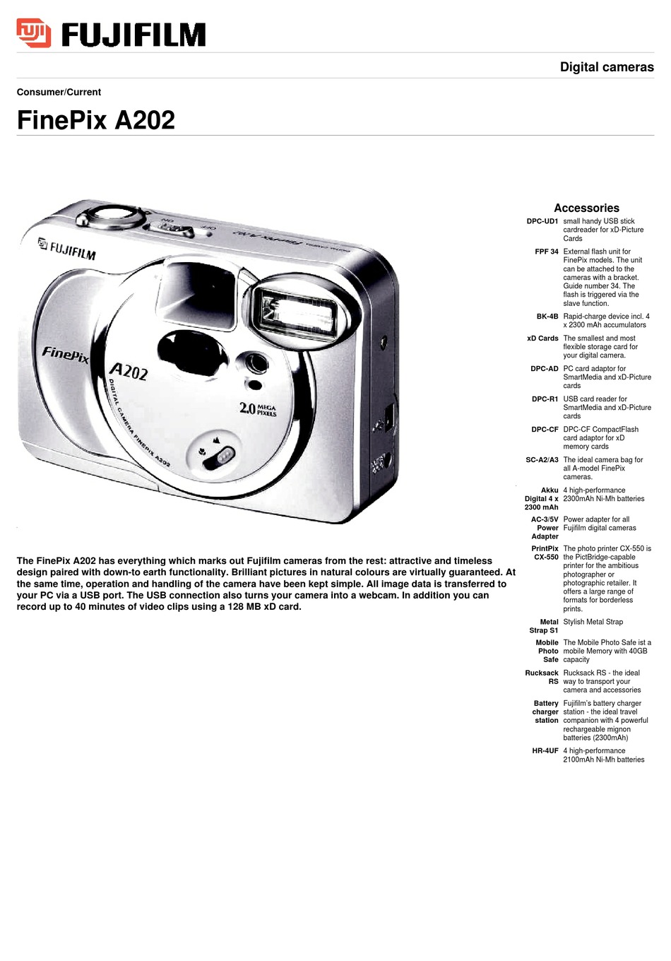 FUJIFILM FINEPIX A202 SPECIFICATIONS Pdf Download | ManualsLib