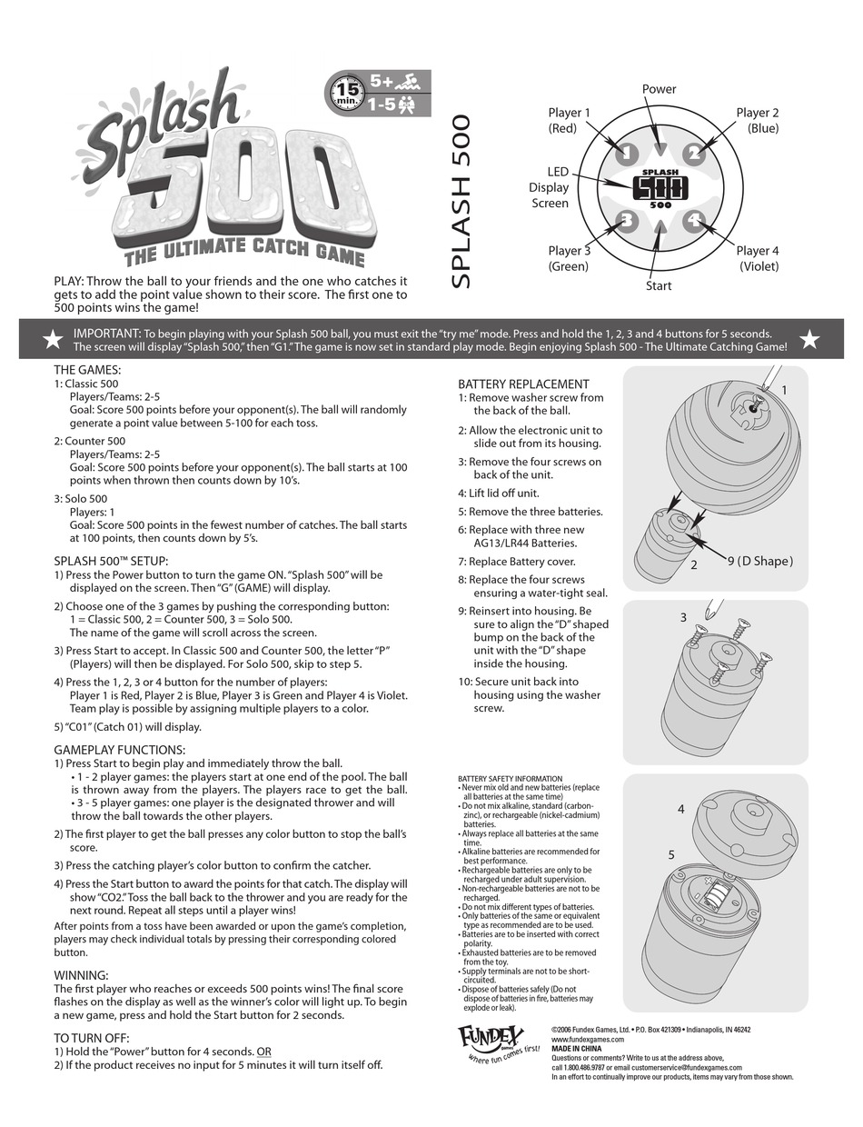 FUNDEX GAMES THE ULTIMATE CATCH GAME SPLASH 500 USER INSTRUCTIONS Pdf ...