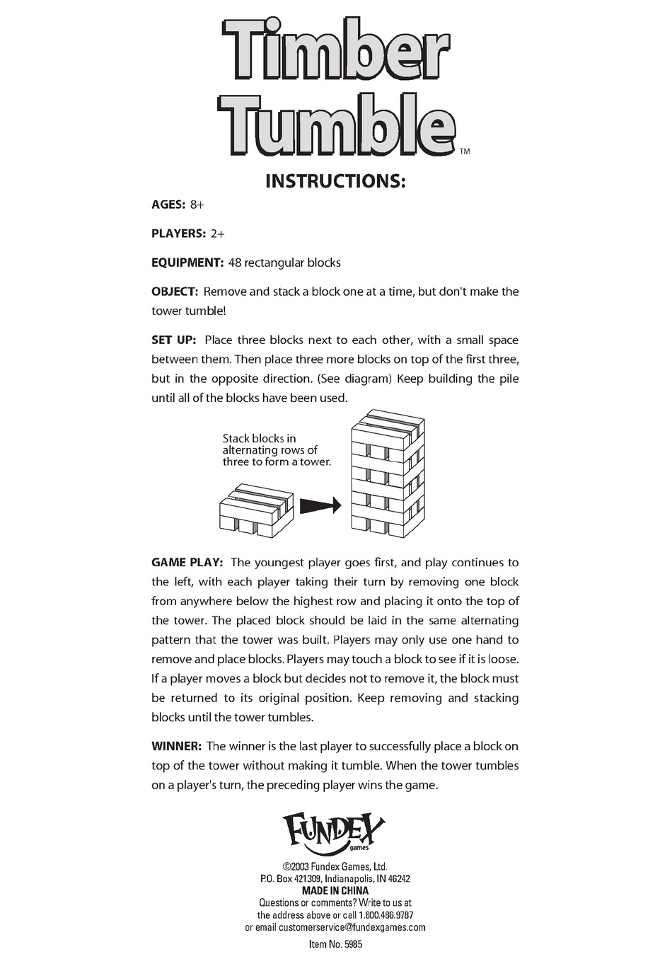 FUNDEX GAMES TIMBER TUMBLE USER INSTRUCTIONS Pdf Download | ManualsLib