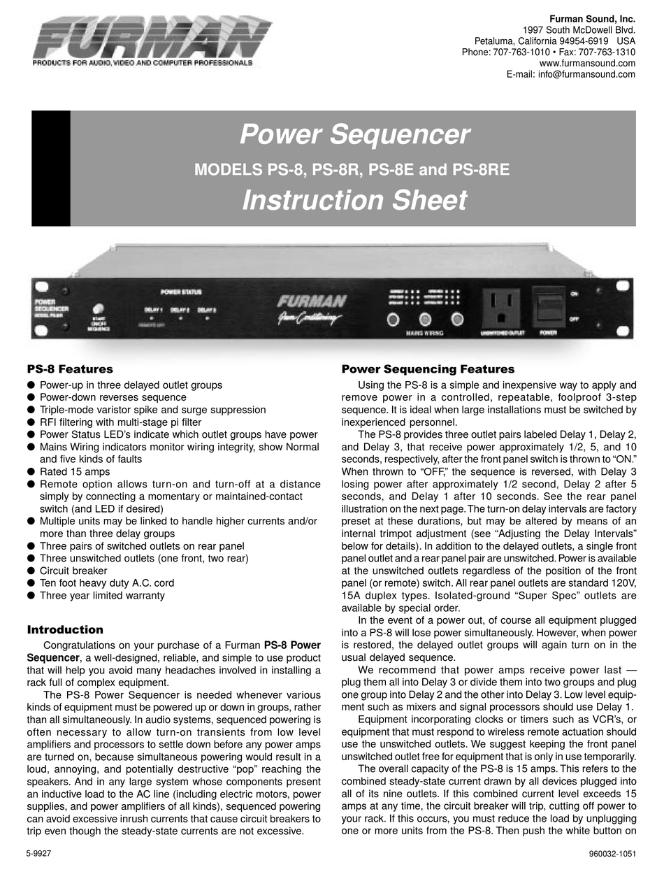 FURMAN PS-8 INSTRUCTION SHEET Pdf Download | ManualsLib