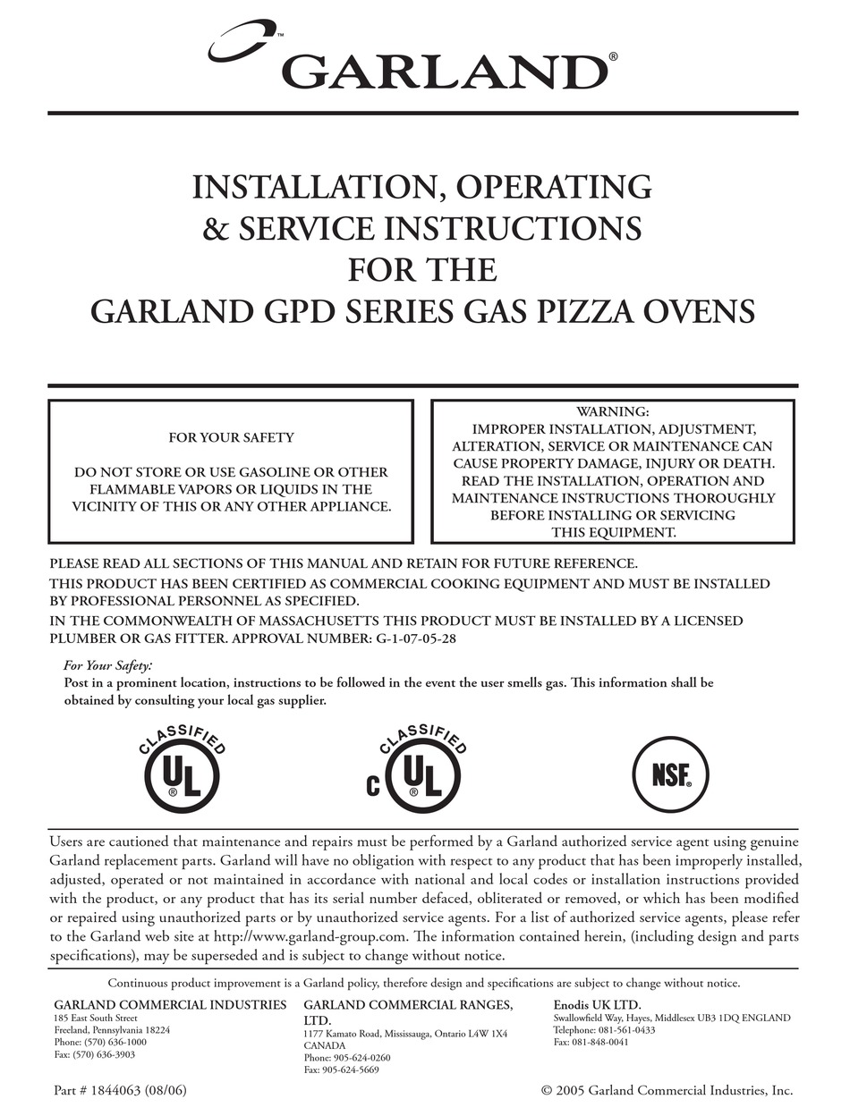 GARLAND GAS PIZZA OVENS INSTALLATION & OPERATING INSTRUCTIONS MANUAL