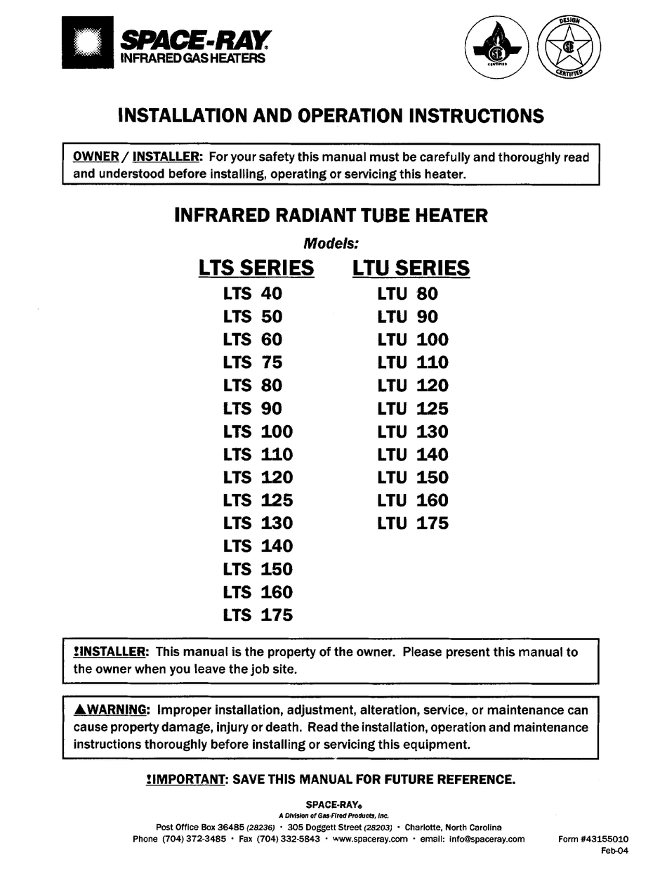 SPACERAY LTS 100 INSTALLATION AND OPERATION INSTRUCTIONS MANUAL Pdf