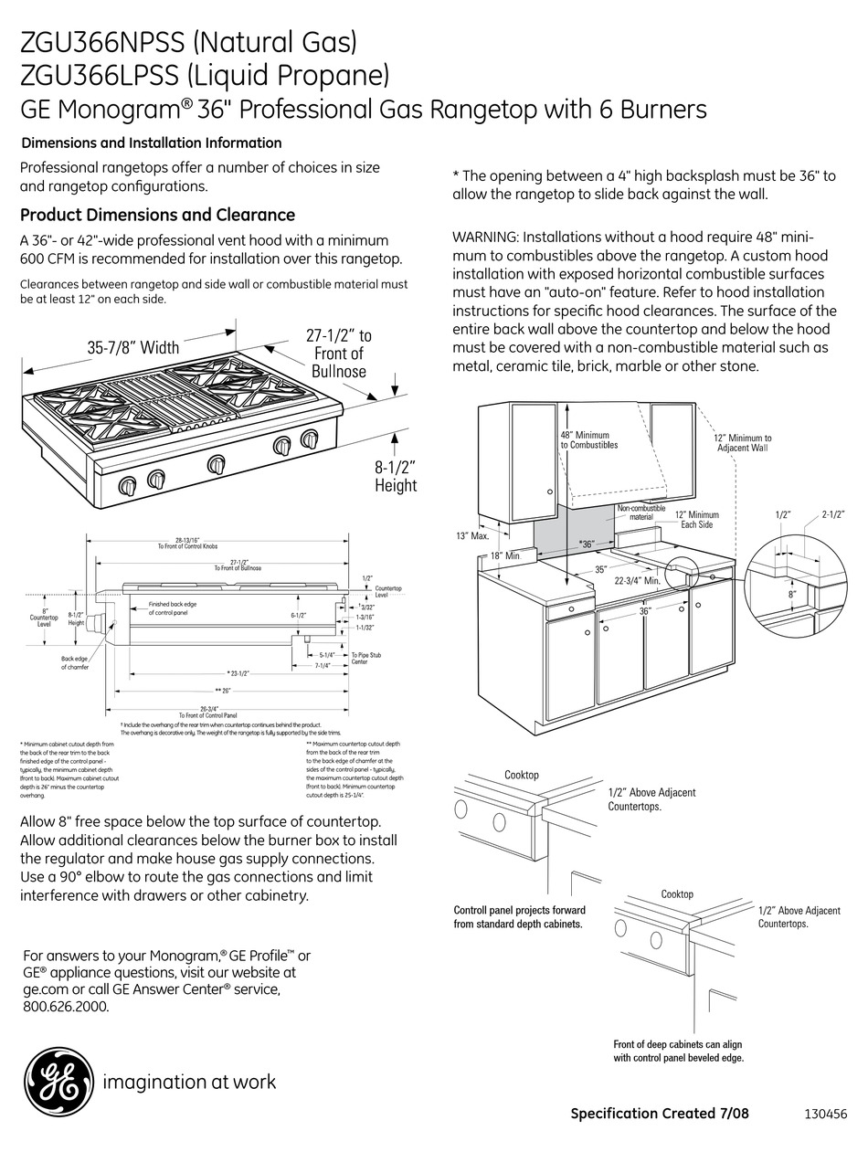 GE MONOGRAM ZGU366LPSS DIMENSIONS AND INSTALLATION INFORMATION Pdf