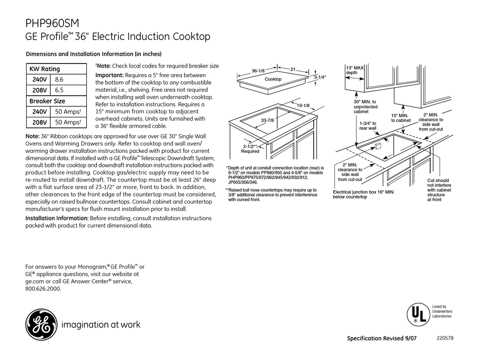 GE PHP960SM DIMENSIONS AND INSTALLATION INFORMATION Pdf Download