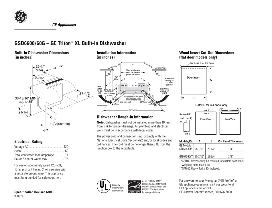 GE TRITON GSD6600GCC DIMENSION MANUAL Pdf Download | ManualsLib