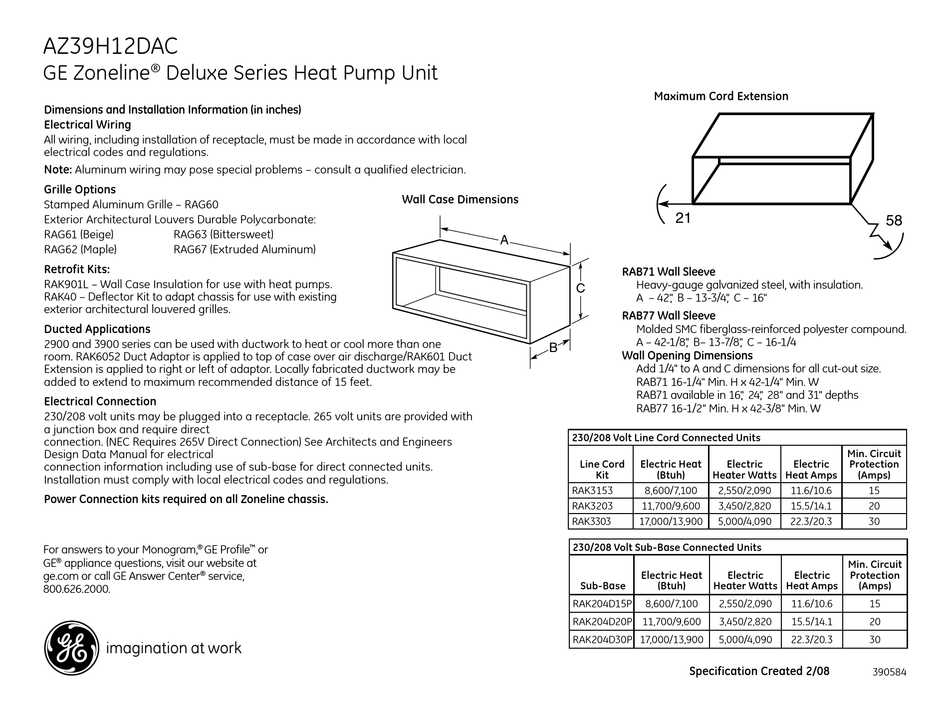 GE ZONELINE AZ39H12DAC DIMENSION MANUAL Pdf Download ManualsLib