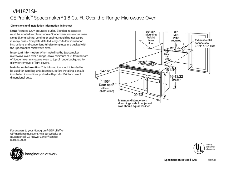GE PROFILE SPACEMAKER JVM1871SH DIMENSION MANUAL Pdf Download ManualsLib