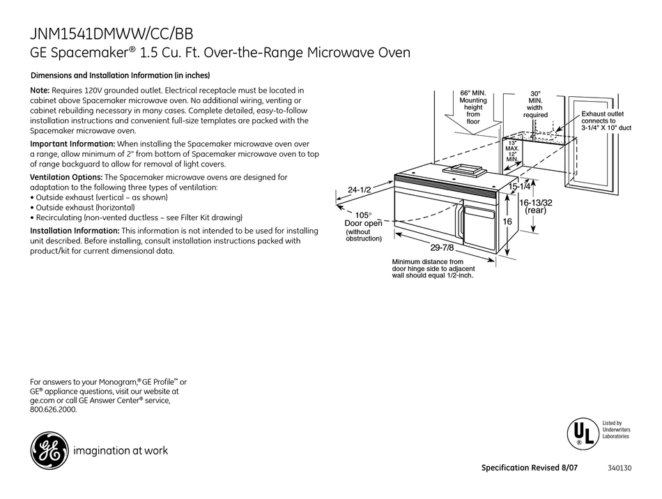 GE SPACEMAKER JNM1541DMWW DATASHEET Pdf Download | ManualsLib
