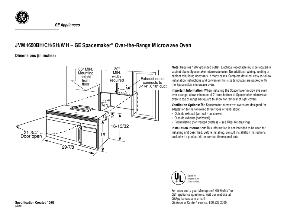 GE SPACEMAKER JVM1650BH DIMENSION MANUAL Pdf Download | ManualsLib