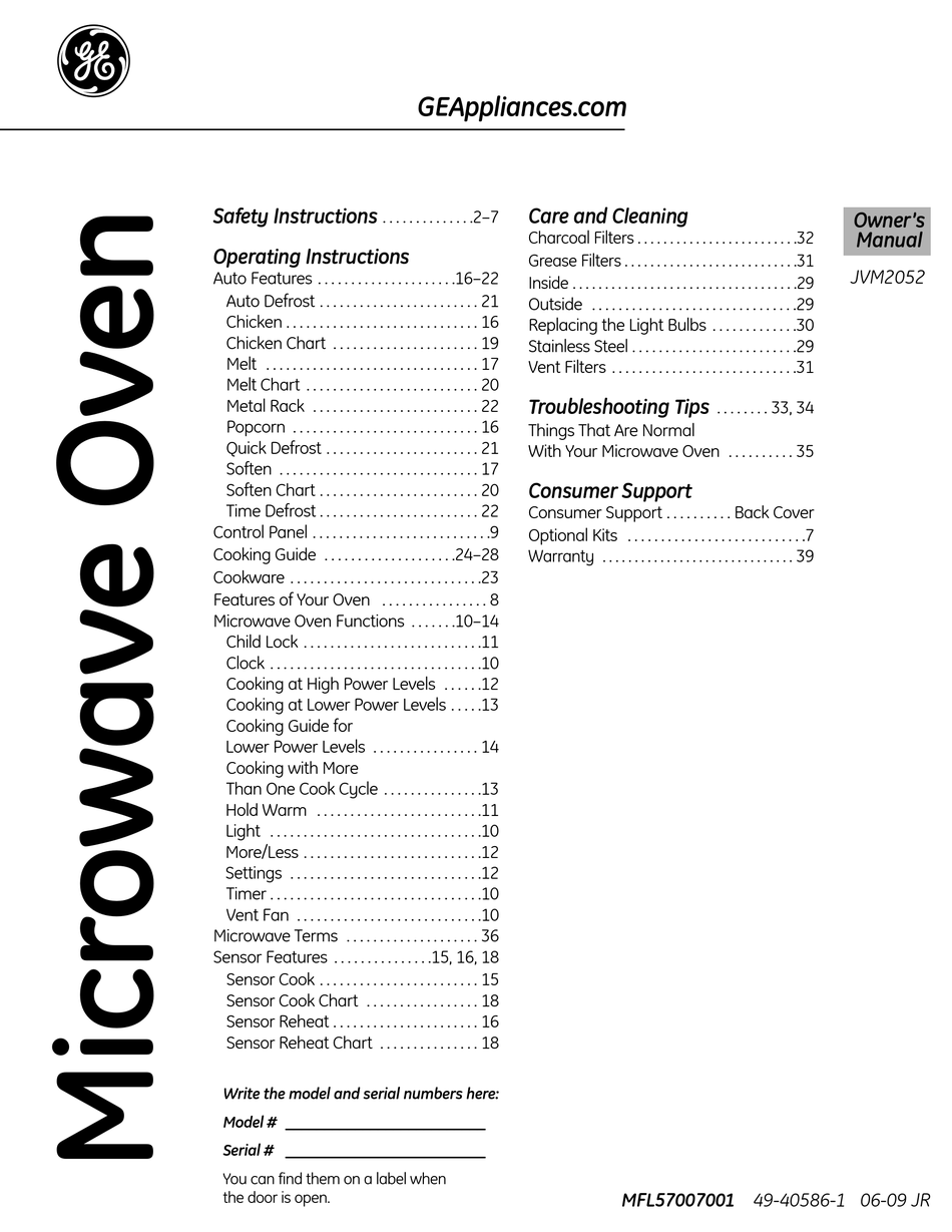 GE JVM2052SNSS SPACEMAKER MICROWAVE OVEN STAINLESS OWNER