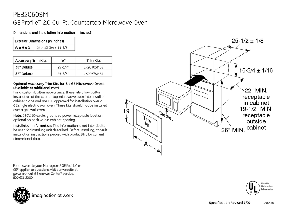 GE PROFILE PEB2060SM DIMENSIONS AND INSTALLATION INFORMATION Pdf