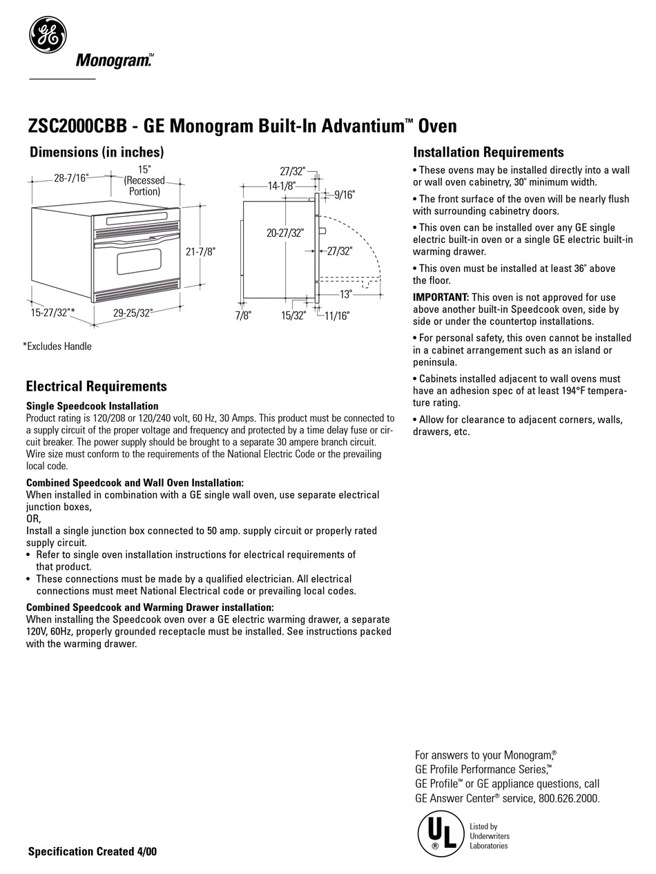 GE MONOGRAM ZSC2000CBB DATASHEET Pdf Download ManualsLib