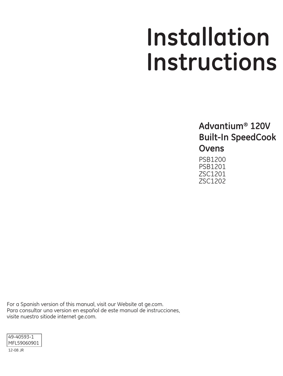 GE ADVANTIUM PSB1200BB INSTALLATION INSTRUCTIONS MANUAL Pdf Download