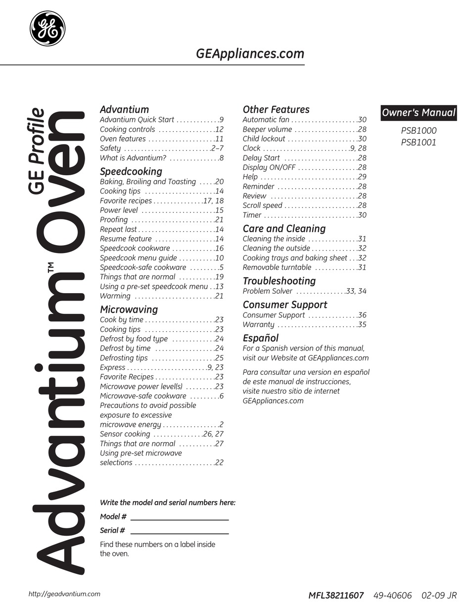 GE PROFILE ADVANTIUM MFL38211607 OWNER'S MANUAL Pdf Download | ManualsLib