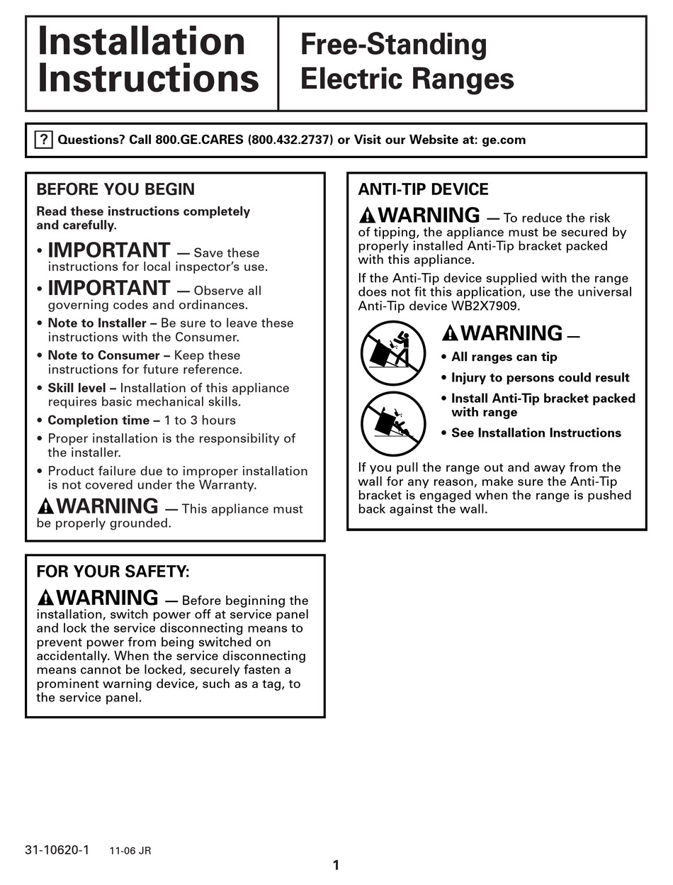 GE FREESTANDING ELECTRIC RANGES INSTALLATION INSTRUCTIONS MANUAL Pdf
