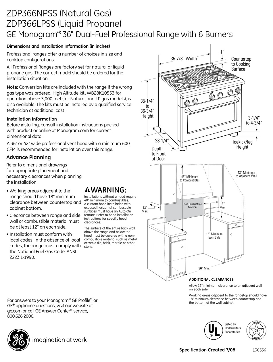 GE MONOGRAM ZDP366LPSS DIMENSIONS AND INSTALLATION INFORMATION Pdf