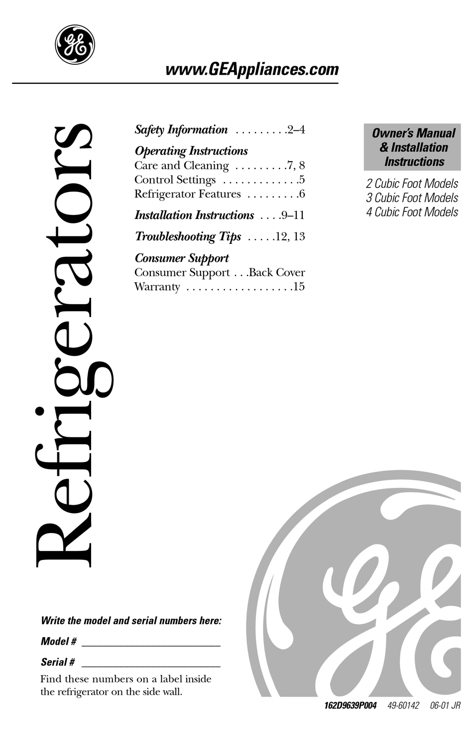 GE 162D9639P004 OWNER'S MANUAL & INSTALLATION INSTRUCTIONS Pdf Download