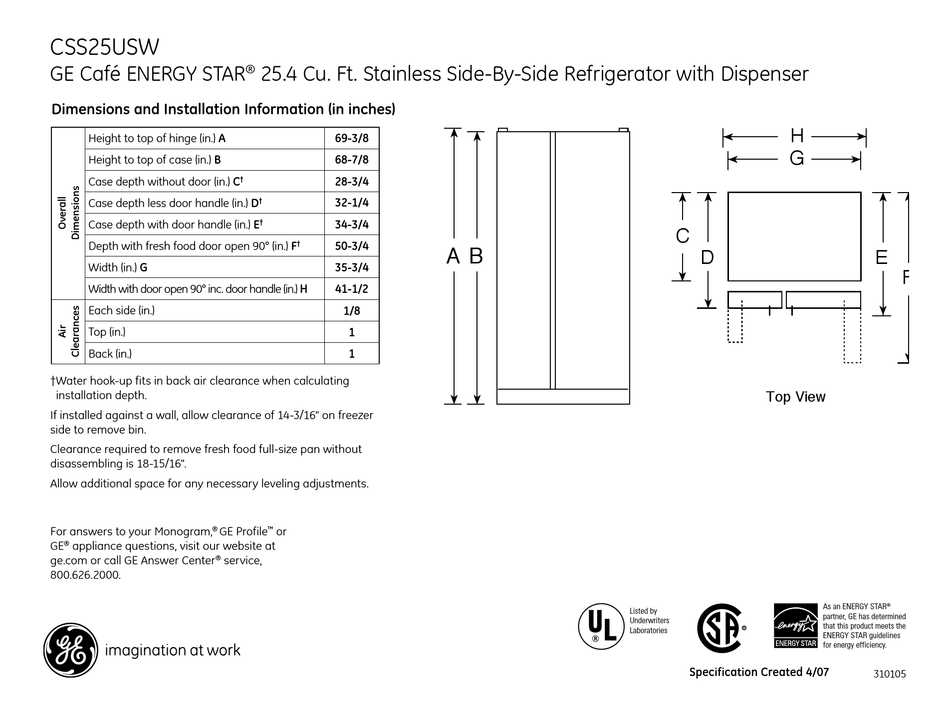 GE CAFE CSS25USW DIMENSIONS AND INSTALLATION INFORMATION Pdf Download