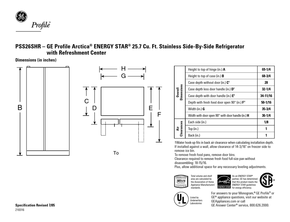 GE PROFILE ARCTICA ENERGY STAR PSC23SHR DIMENSION MANUAL Pdf Download