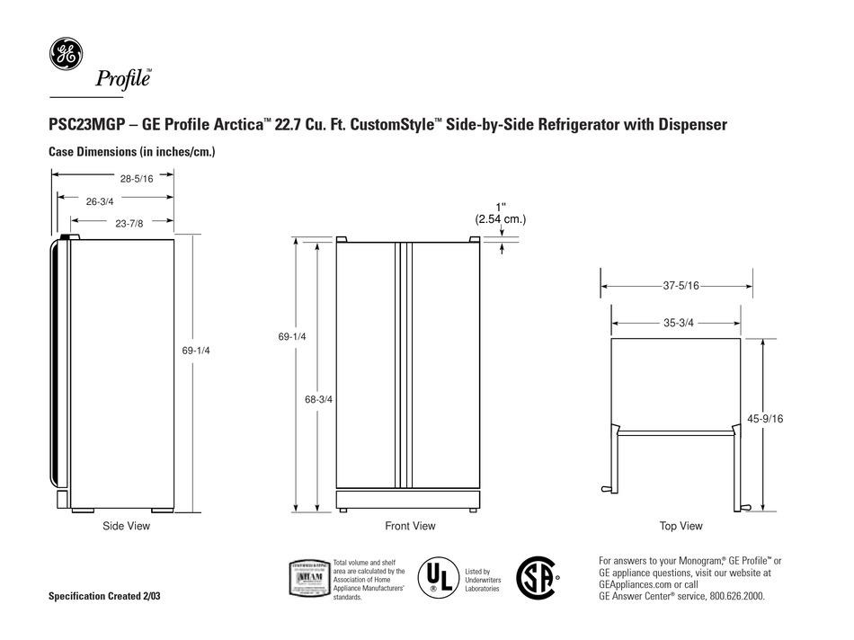 GE PROFILE ARCTICA PSC23MGP DIMENSION MANUAL Pdf Download ManualsLib