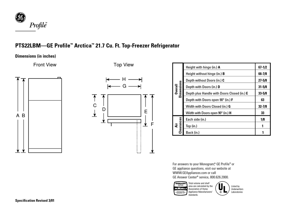 GE PROFILE ARCTICA PTS22LBM DIMENSION MANUAL Pdf Download ManualsLib