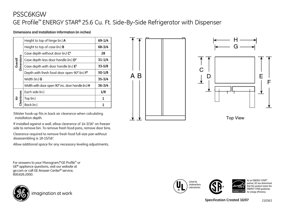 GE PROFILE ENERGY STAR PSSC6KGW DIMENSIONS AND INSTALLATION INFORMATION