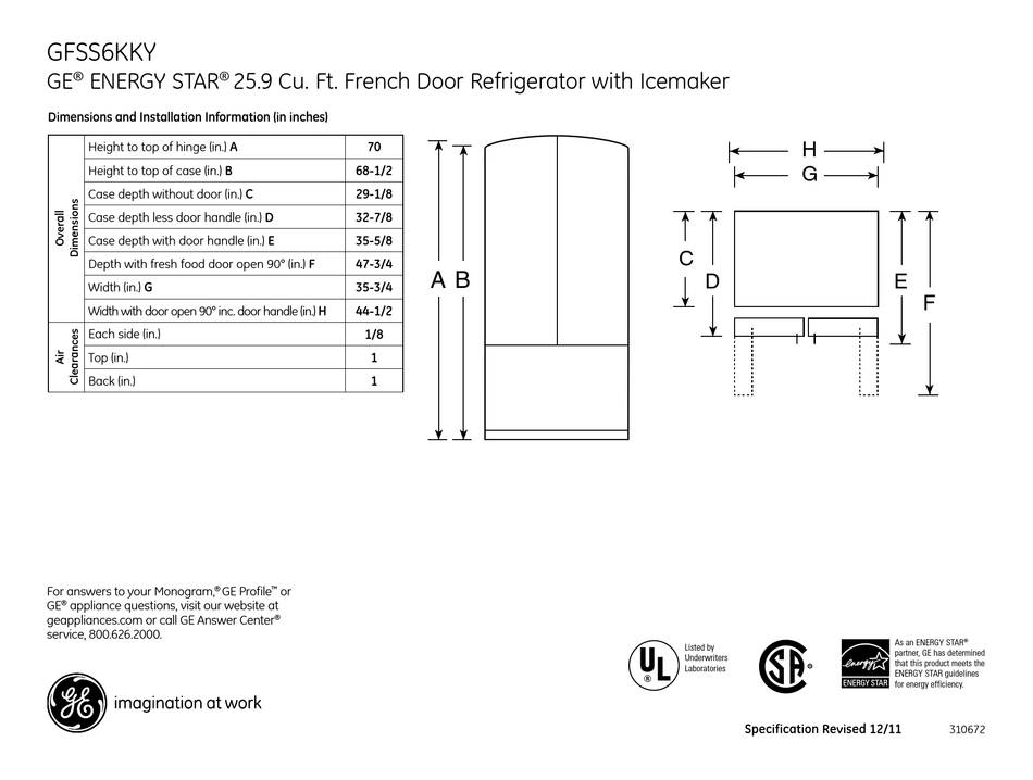 GE GFSS6KKYSS DIMENSIONS AND INSTALLATION INFORMATION Pdf Download