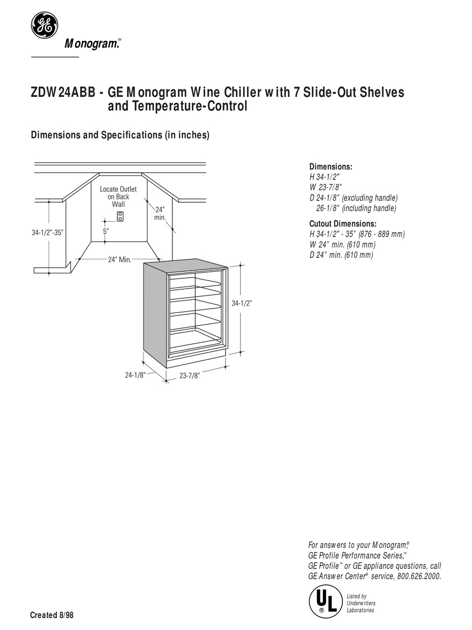 Ge Monogram Zdw24abb Dimensions And Specifications Pdf Download Manualslib
