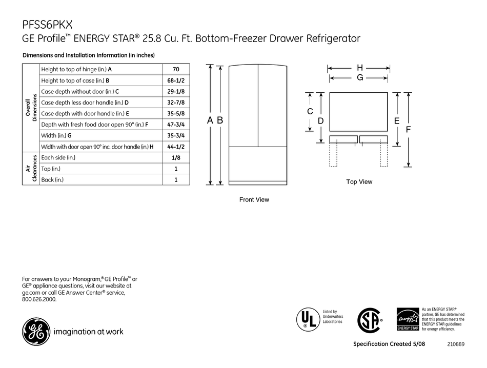 GE PROFILE PFSS6PKXSS DIMENSIONS AND INSTALLATION INFORMATION Pdf